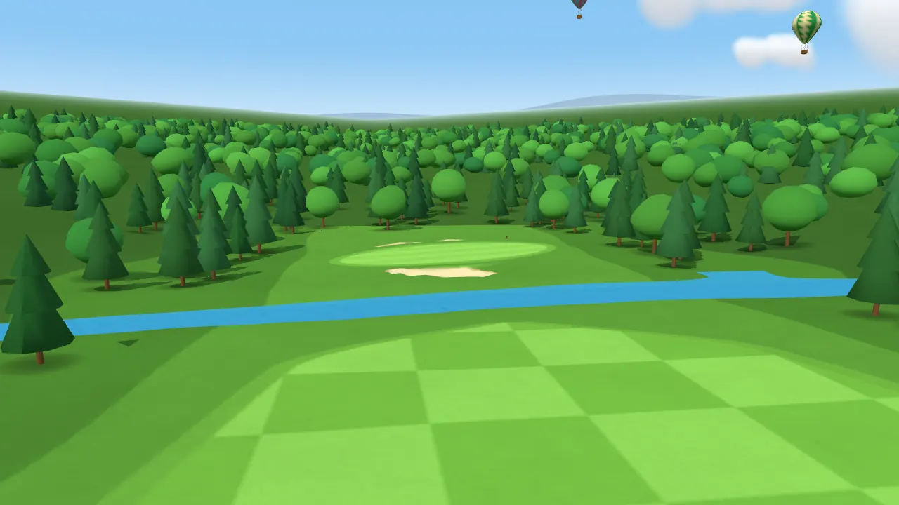 Golden Bell in dailygolf: a creek in front of a shallow green with bunkers, pines behind