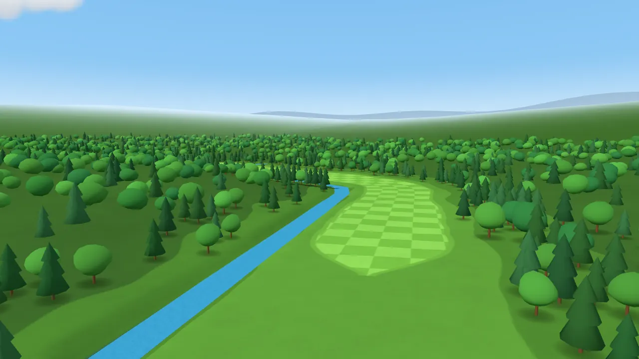 Azalea in dailygolf: a fairway bending left with a creek along its left side