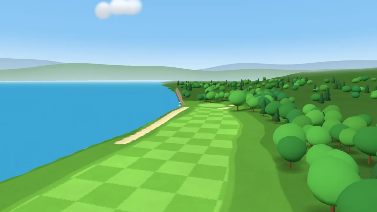Seawall in dailygolf: a fairway curving along the ocean with a long bunker on the seawall