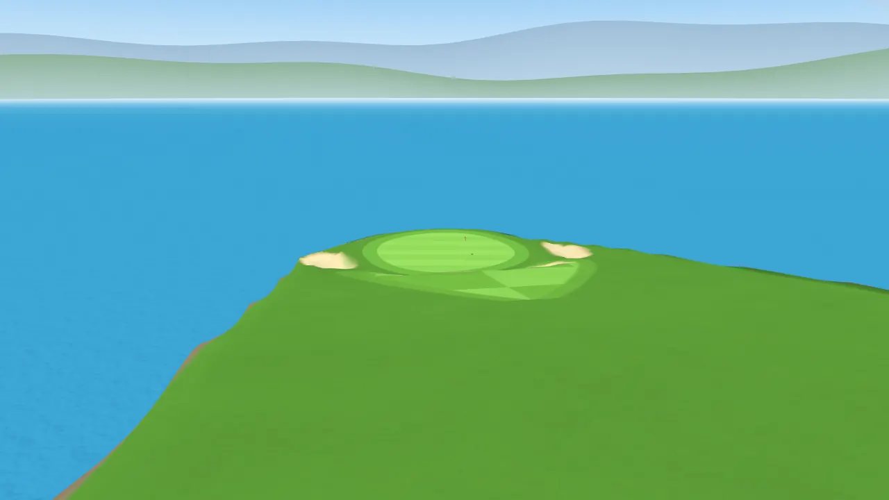 Little Gem in dailygolf: a small green ringed by bunkers on a point above the ocean