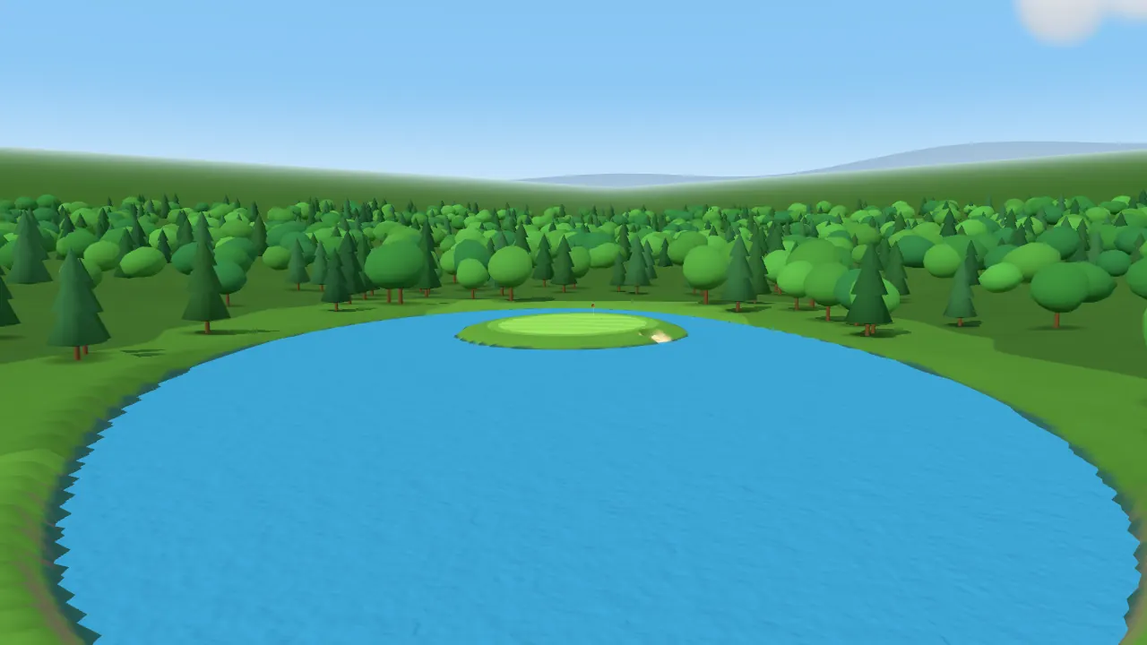 The island green at TPC Sawgrass's 17th, rebuilt in dailygolf, seen from the tee across the lake