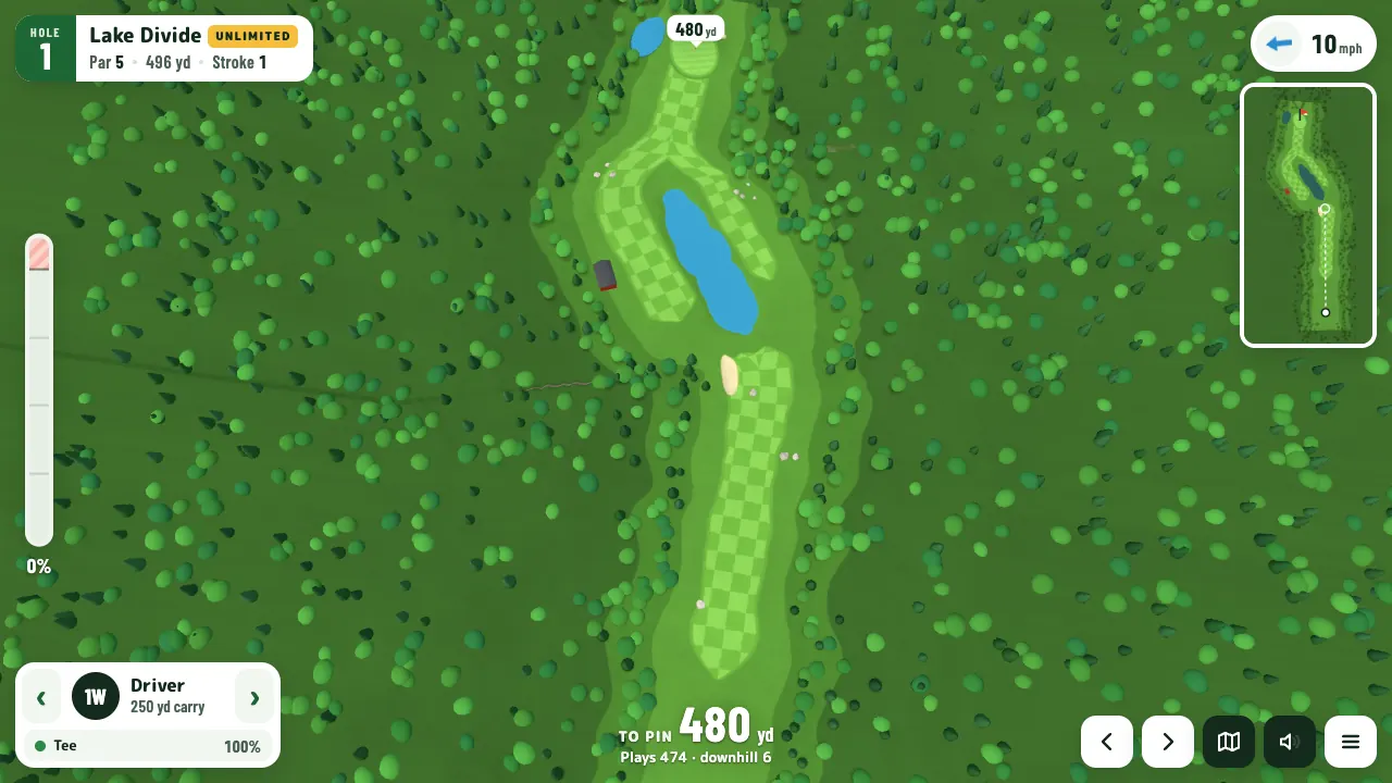 Overhead view of a par 5 whose fairway splits around a lake and joins up again
